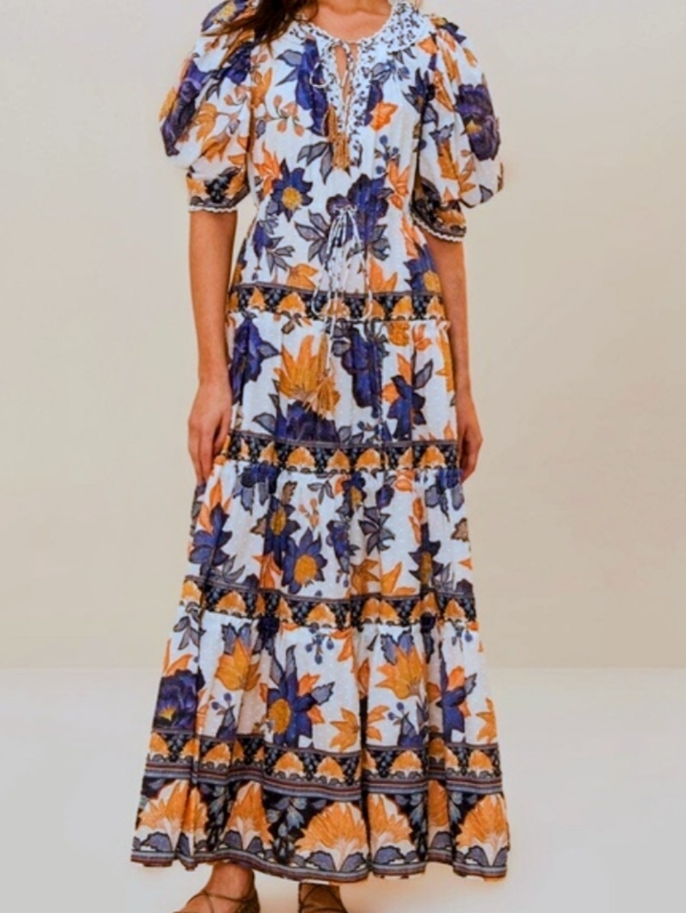 Farm RIO Bohemian Floral Puff-Sleeve Maxi Dress in White, Blue & Orange